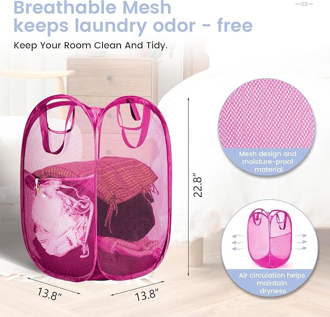 Strong Mesh Pop-up Laundry Hamper, Quality Laundry Basket with Durable Handles Solid Bottom High Carbon Steel Frame, Easy to Open and Fold Flat for Storage (Pink)