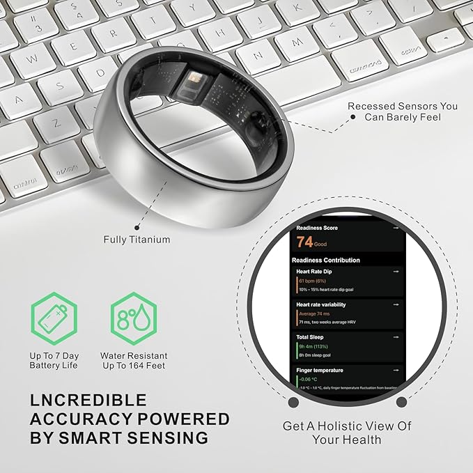 Smart Ring, Activity Trackers, Sleep Ring, Fitness Tracking, Stress Tracker, Heart Rate, Meditation, Temperature, Respiratory, No App Subscription, Women, Men, iOS, Android (Silver, 12)