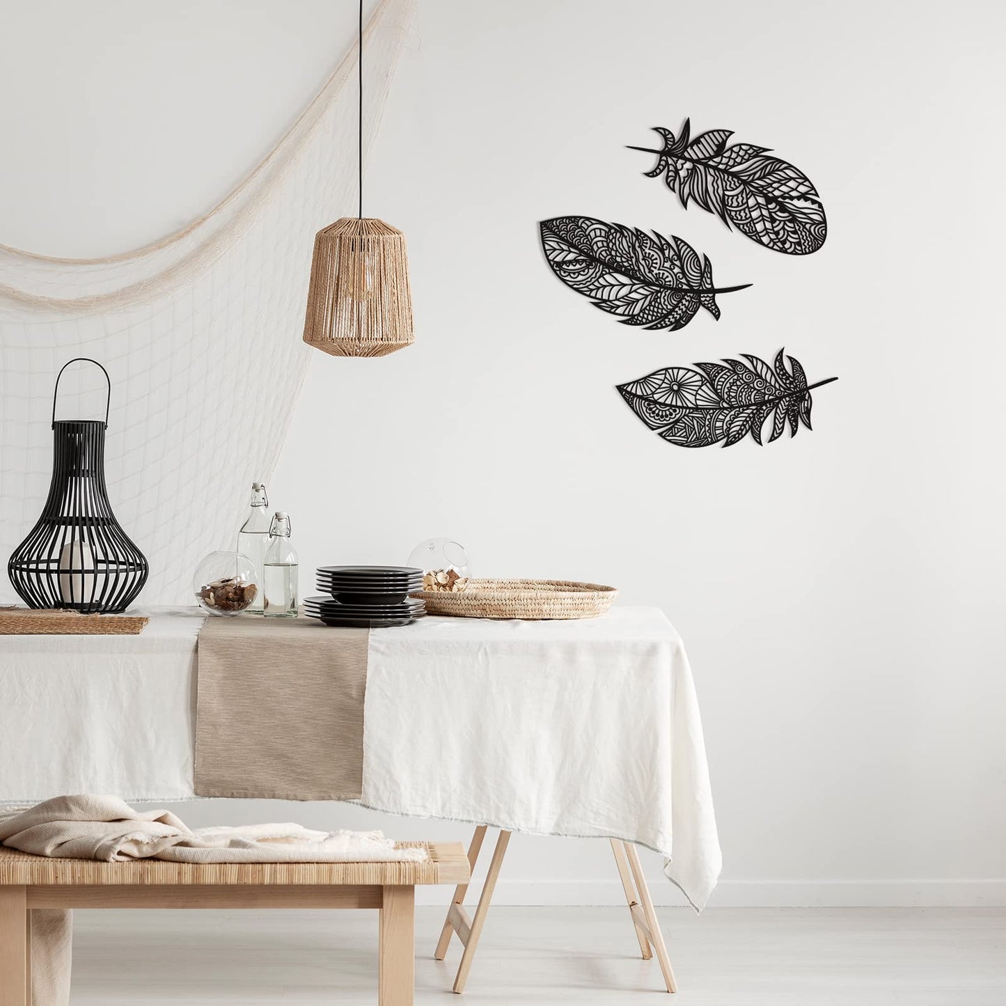 Yookeer 3 Pieces Feather Art Wall Boho Wooden Laser Cut Hanging Wall Decors Boho Wood Art Large Rustic Feather Decors Modern and Elegant Decoration for Home Kitchen(Black)
