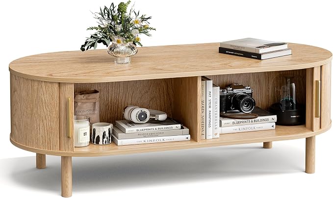 ZttRiee Coffee Table for Living Room, Modern Oval Coffee Table with Cabinets & Sliding Doors, Home Small Space, 47.2" Fluted Center Table, Natual