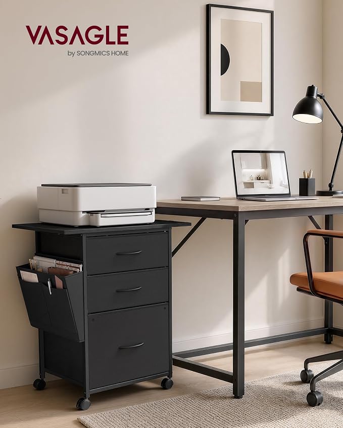 VASAGLE 3-Drawer File Cabinet, Mobile Printer Stand with Storage, Filing Cabinet for A4 Letter Size, Side Pockets, 23.6 x 15.7 x 26.8 Inch, Ink Black, Bellah Collection UOFC201BC01