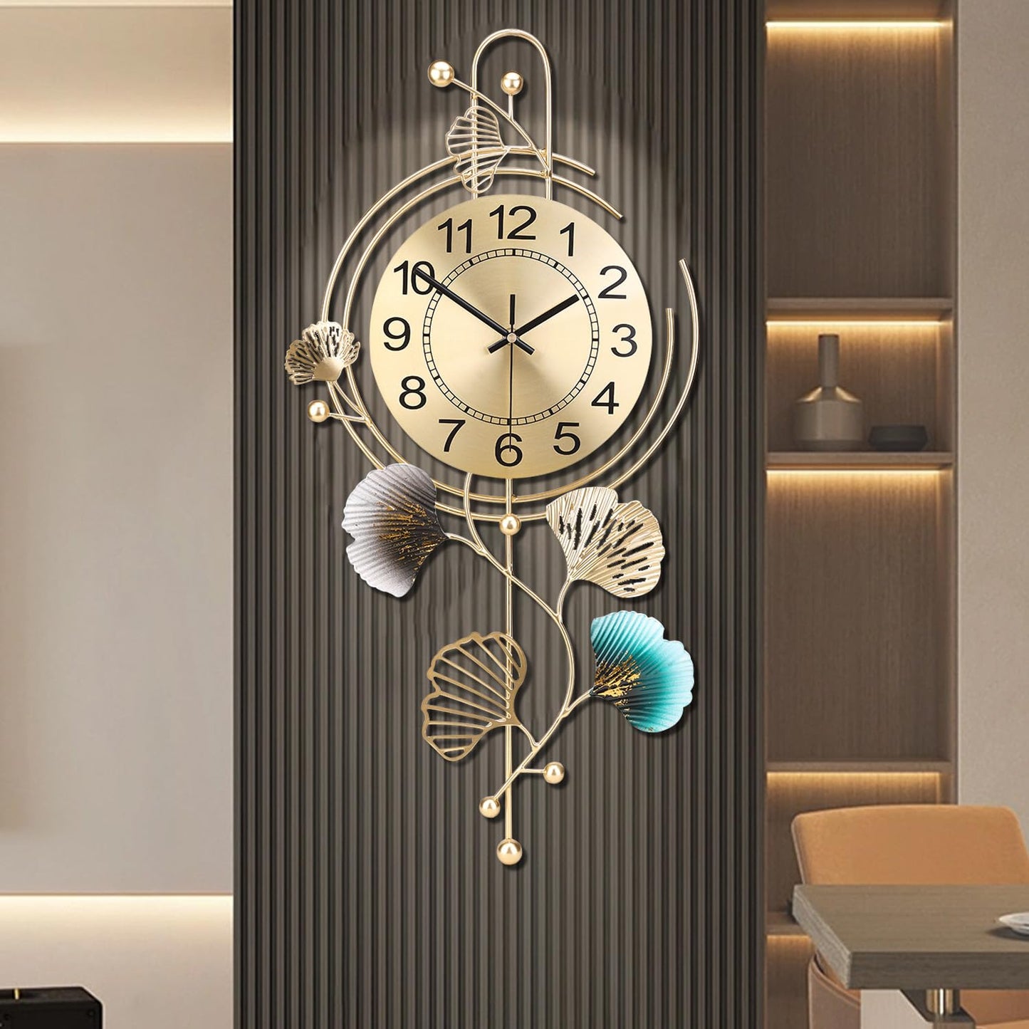 FILLOVE Elegant Metal Wall Clock with Silent Round dial and Gold and Blue Leaves, Modern Non-Walking Silent Metal Wall Clock for Living Room, Bedroom, Study, Office (25in*12in) (Gold Leaf)