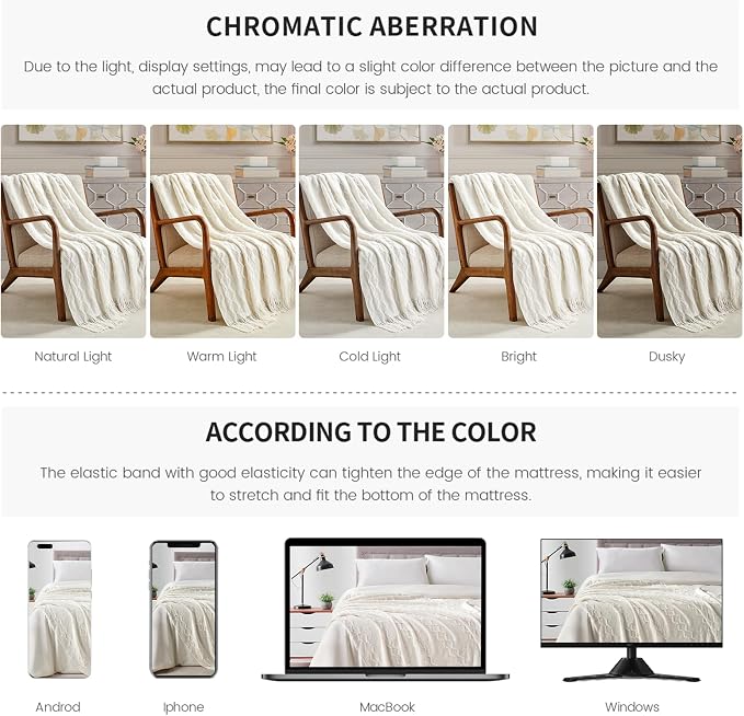 BOURINA Fluffy Chenille Knitted Fringe Throw Blanket Lightweight Soft Cozy for Bed Sofa Chair Throw Blankets, Off White 50" x 60"