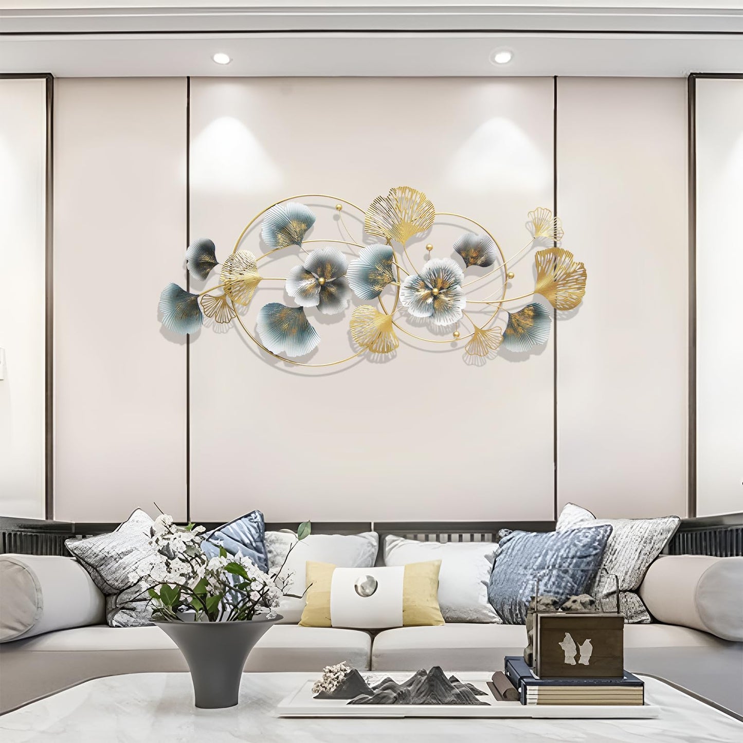 QXSXKJ 3D Metal Wall Art Decor Gold, 59" Large 3d Wall Decor, Modern Ginkgo Leaf Wall Decoration, Adornos Pare Sala Modernos, Hanging Sculptures For Living Room Dining Room Bedroom