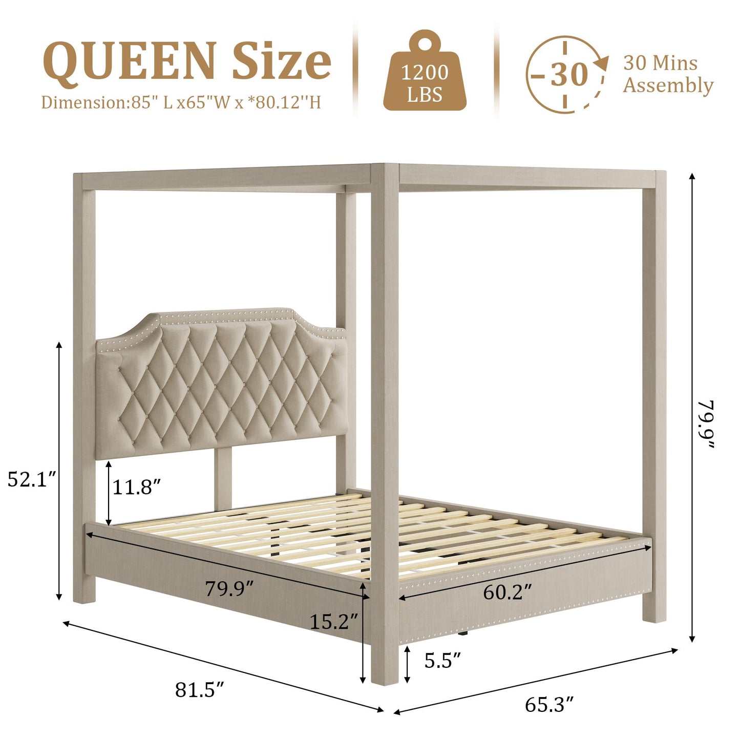 GarveeHome Upholstered Canopy Bed Frame Queen Size with headboard, Button Tufted, Nailhead Trim Design, No Box Spring Required, Beige(Shipped in 2 Boxes)