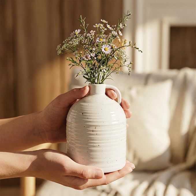 Firehold Ceramic Vase Set of 3, Rustic Farmhouse Boho Vases, Textured Country Home Decor, Small Decorative Vases for Shelves Mantel Table, Gift Set for Dried Pampas Grass & Fresh Flowers (White)