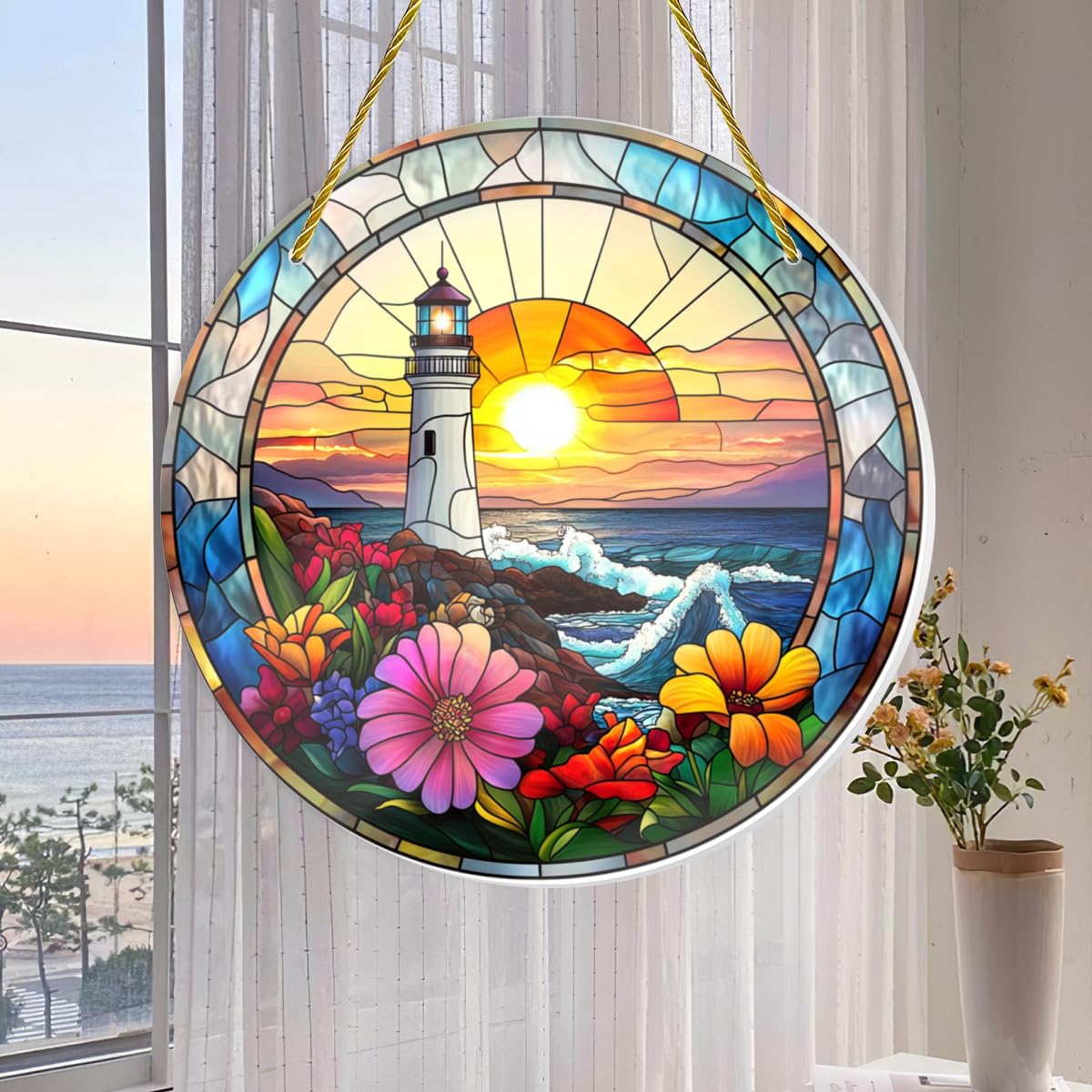 Vextrovia Gothic Lighthouse Wall Art, Stained Glass Sunrise and Floral Circular Hanging, Medieval Styles Motifs, Easy to Hang, Shatterproof Acrylic for Coastal Living Room Decor, 8x8 Inch