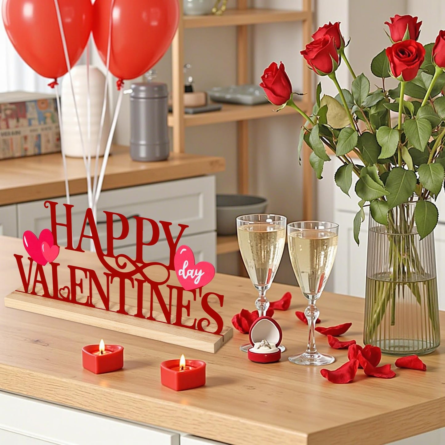 ASTNIC Metal Happy Valentine's Day Sign,Valentines Day Decorations Indoor Romantic Heart Word Valentines Day Table Decorations with Wooden Base for Home Decor Party Wedding Shelf Tabletop Centerpiece Gifts (Red, Happy Valentine’s)