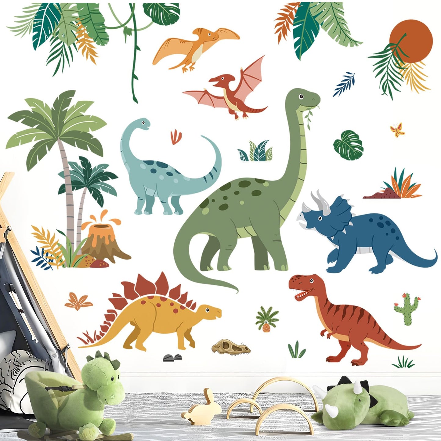 decalmile Large Boho Dinosaurs Wall Decals Dino Animal Tropical Palm Tree Wall Stickers Boys Bedroom Playroom Baby Nursery Wall Decor(XL)