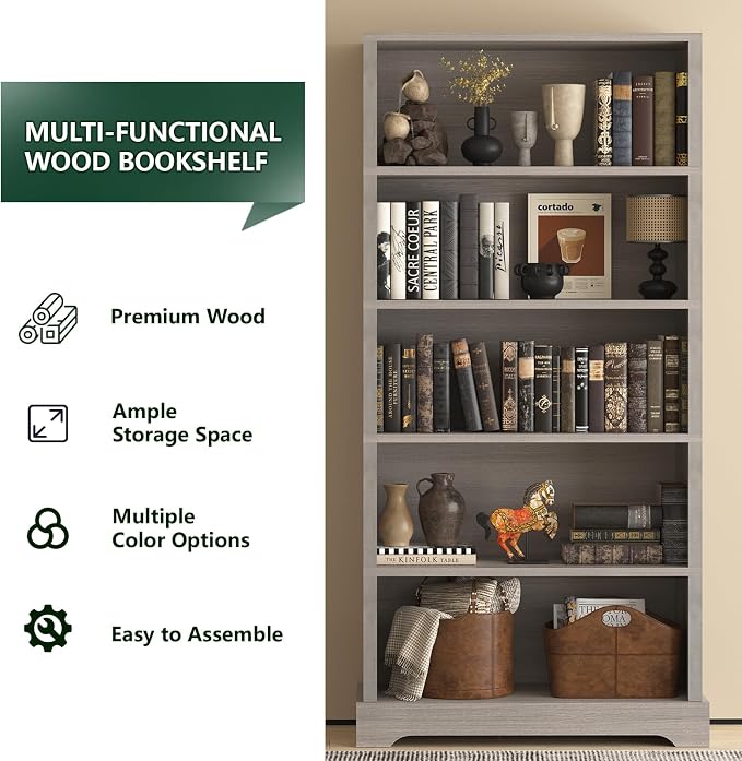 TVU 5-Tier Wooden Bookshelf, 65" Tall Farmhouse Style Open Bookcase, 31.5" W Standing Book Shelf with Storage, Suitable for Study, Living Room, Office, Grey