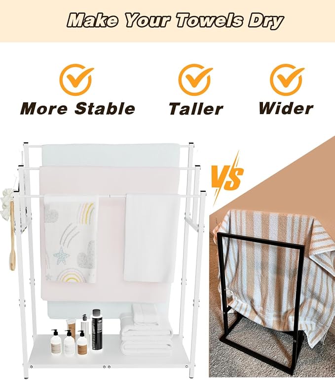 Mondazie 44” Tall Free Standing Towel Racks with 6 Hooks for Bathroom, 3 Tiers Oversized Pool Bath Towels Drying Stand, Metal Blanket Ladder Holder with Storage Shelf for Bedroom Living Room, White