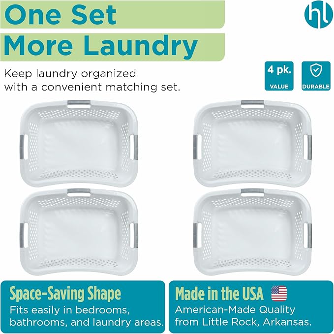 Home Logic 1.5 Bushel Plastic Laundry Basket Front Load, Large Laundry Hamper with Handles, Ventilated Clothes Organizer for Bedroom Bathroom Closet, 4 Pack, White