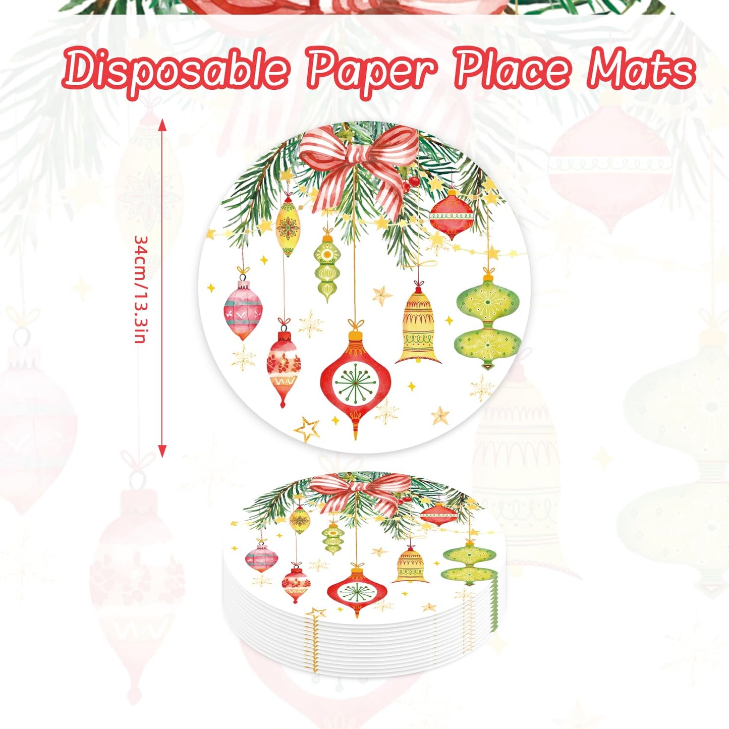 50 Pack Christmas Paper Placemats 13.7 Inch Xmas Disposable Round Place Mats Winter Christmas Ball Table Mats for Holiday New Years Party Home Dinner Table Setting