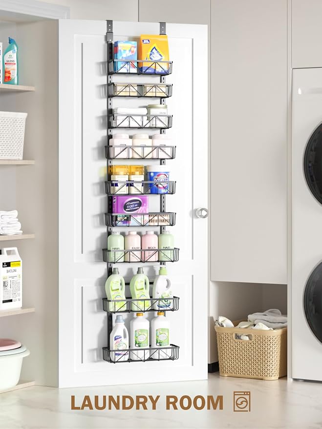 Delamu Adjustable Narrow Over the Door Pantry Organizer, 9-Tier Metal Pantry Organization and Storage for Kitchen, Hanging Spice Rack Seasoning Shelves, Cabinet Door Organizer for Easy Install, 12.5"