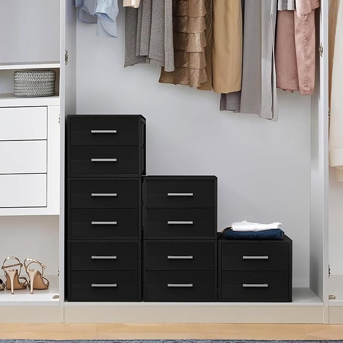 BOLUO Stackable Storage Drawers Narrow Closet Organizers and Storage Fabric Black 2 Drawer Dresser for Bedroom Modern
