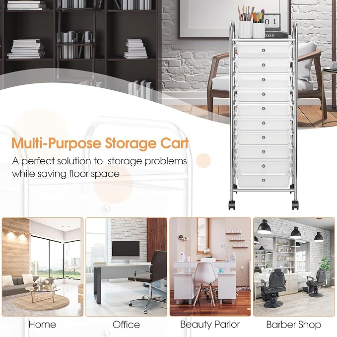 MEDIMALL 10 Drawers Rolling Storage Cart, Multipurpose Craft Storage Cart with Wheels, Mobile Tools Scrapbook Paper Organizer Cart for Office School Home Use (Clear)