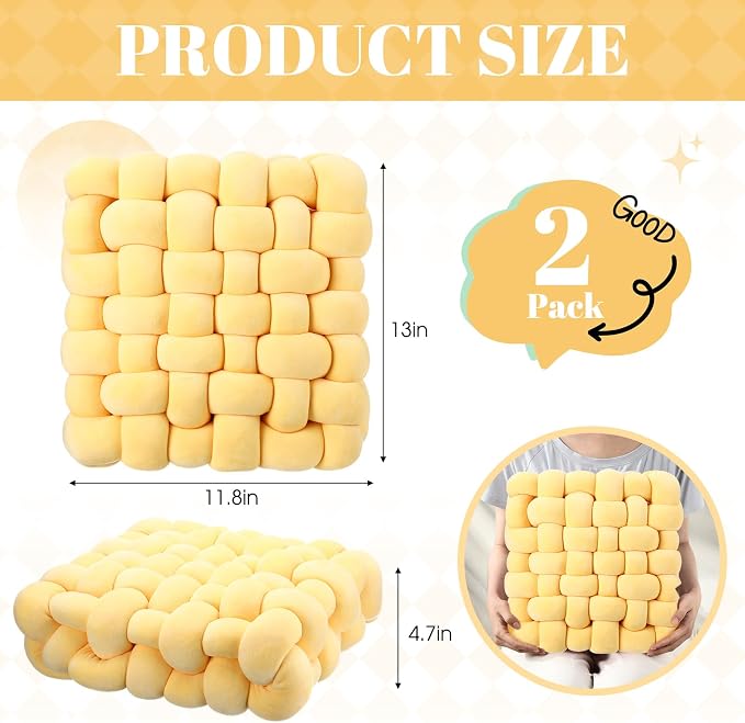 Wenqik 2 Pcs Knot Pillows Square Knotted Plush Throws Soft Accent Pillows Decoration Cushion for Couch Home Office Living Room Bedroom Bed Sofa Decor, 12'' x 13''(Goose Yellow,Crystal Velvet)