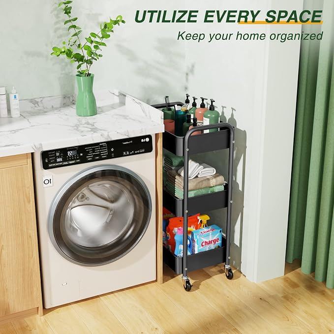 LEHOM 3 Tier Rolling Cart, Metal Rolling Utility Cart with Lockable Wheels & Hooks, Multi-Functional Heavy Duty Storage Cart Organizer for Bathroom, Kitchen, Office, Living Room