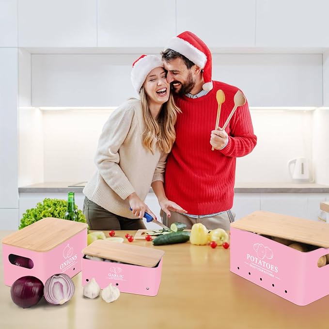 Kitchen Vegetable Storage Set of 3, Metal Onion Garlic Potato Storage Set, Kitchen Canisters Vegetable Keeper Containers with Aerating Holes and Bamboo Lid,Pink