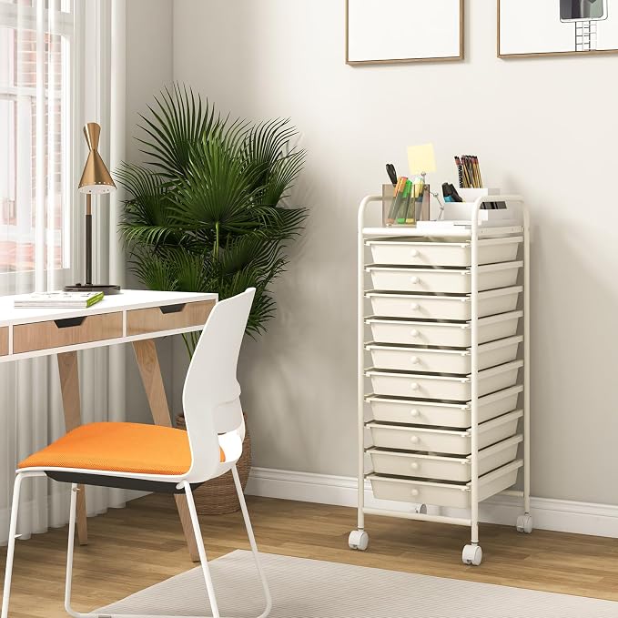 COSTWAY 10-Drawer Rolling Storage Cart, Utility Mobile Trolley with Removable Drawers & Universal Casters & 2 Brakes, Versatile Flexible Drawer Organizer Cart for Home, Office, White
