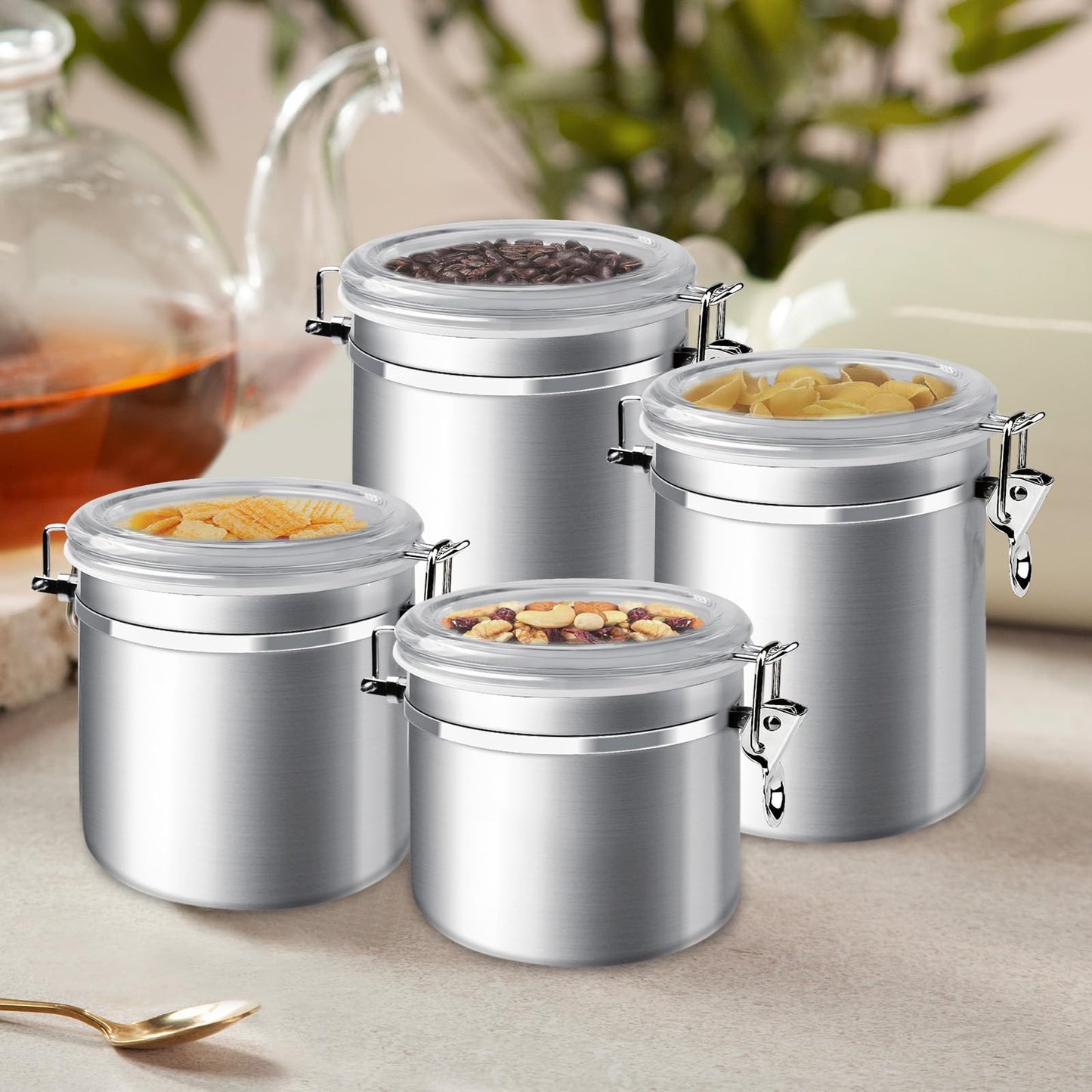 ENLOY 4-Piece Stainless Steel Airtight Food Storage Canister Set with Clear Lid, Containers Sets for Kitchen Counter for Sugar, Flour, Tea, Candy, Cookie, Spice, 28/32/38/65 oz