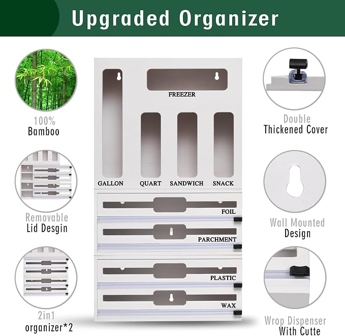9 In 1 Storage Bag Organizer And Plastic Wrap Dispenser With Cutter, Bamboo Foil and Plastic Wrap Organizer
