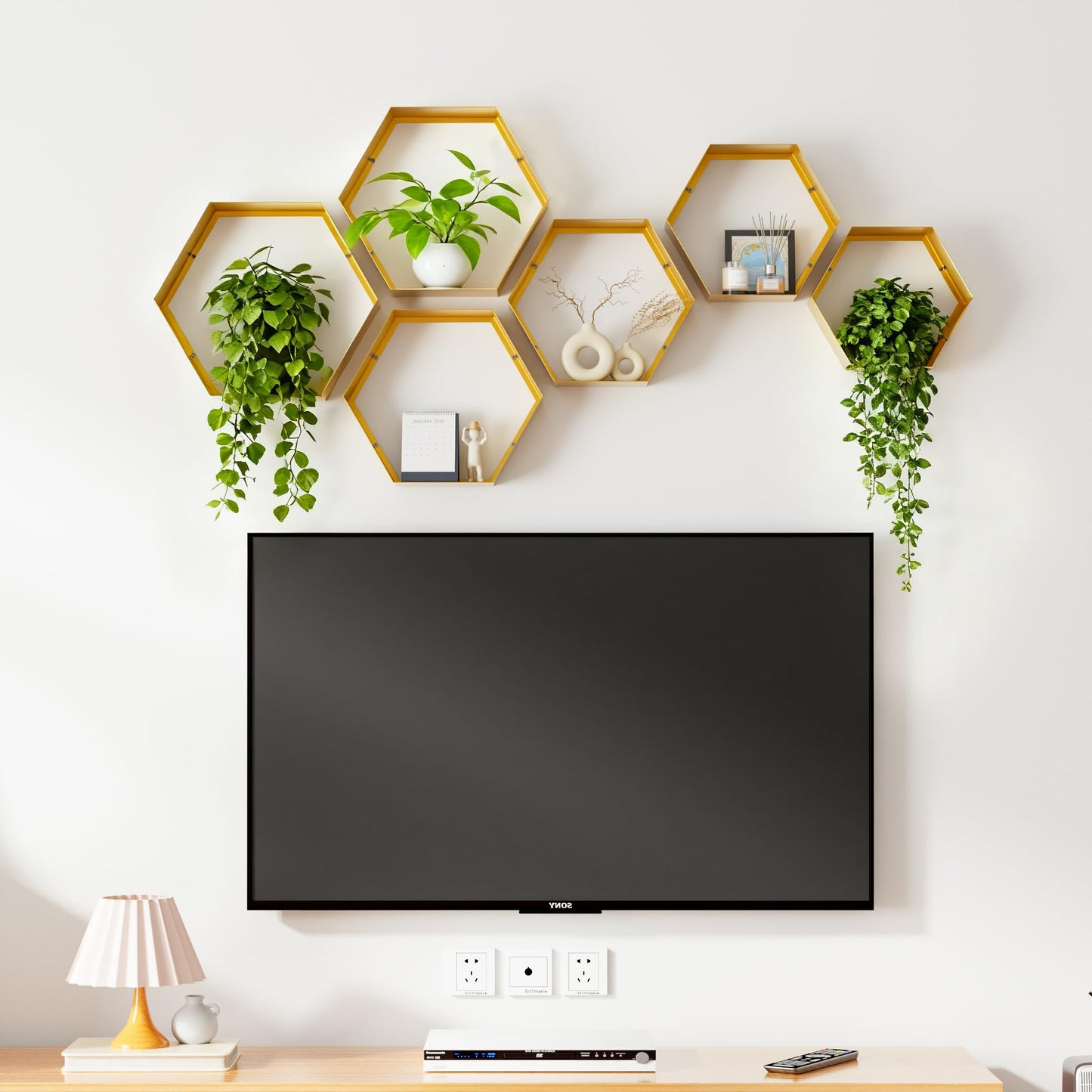 Gonice Hexagon Floating Shelves Set of 6, Gold Metal Wall Mounted Shelves for Home Decor, Honeycomb Display Shelf for Living Room, Bedroom and Office