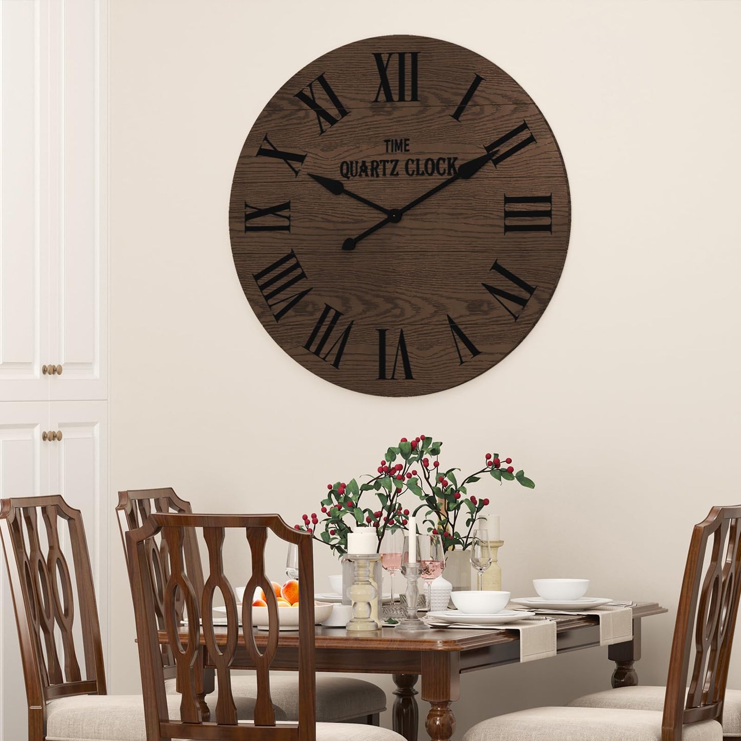 ARTPOWER Large Farmhouse Wall Clock, 35.5” Shiplap Wall Clock with Roman Numeral, Nearly Non-Ticking, Round Wall Clocks for Living Room Decor, Office, Bedroom, Entrance, Brown