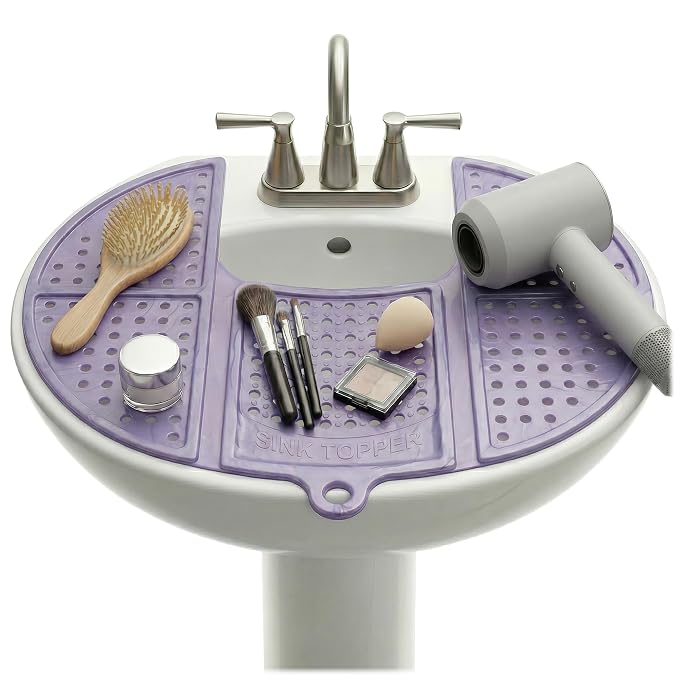Sink Topper Bathroom Counter Cover & Storage Saver, Foldable Silicone Mat for Hot Tools, Hair Styling & Makeup, Beauty Brush Cleaning Mat, RV Camper Sink Cover & for Small Spaces (Standard Lavender)