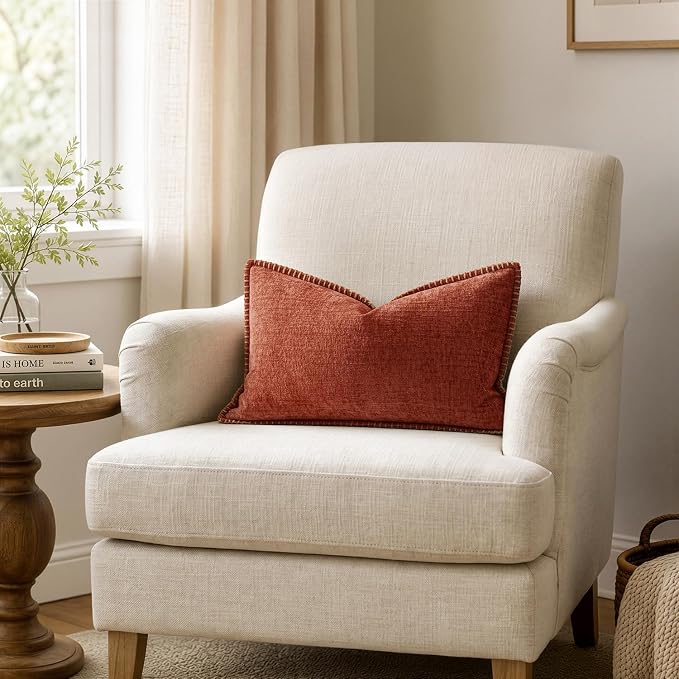 MIULEE Pack of 2 Fall Lumbar Throw Pillow Covers 12x20 Inch Burnt Orange Farmhouse Decorative Pillow Covers with Stitched Edge Soft Chenille Solid Dyed Pillow Covers for Couch Sofa Bed Living Room