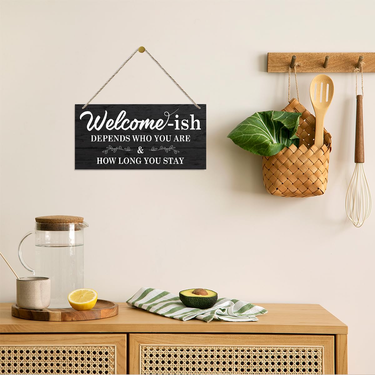 Inspirational Wood Signs, Decorative Wood Hanging Wood Plaque, Rustic Door Sign, Wall Decor Art, Home Front Door Decor, Welcome Hanging Decorations, Welcome-ish Depends Who You Are How Long You Stay