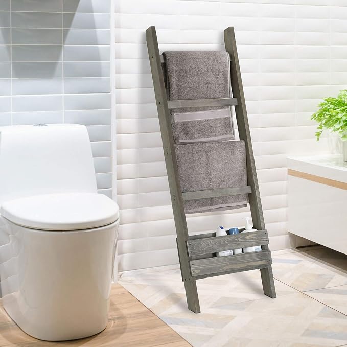 MyGift Blanket Ladder with Storage Shelf, Wooden Blanket Holder Rack, Decorative Ladder Shelf, Drying and Display Rack for Bathroom, Living Room, Gray