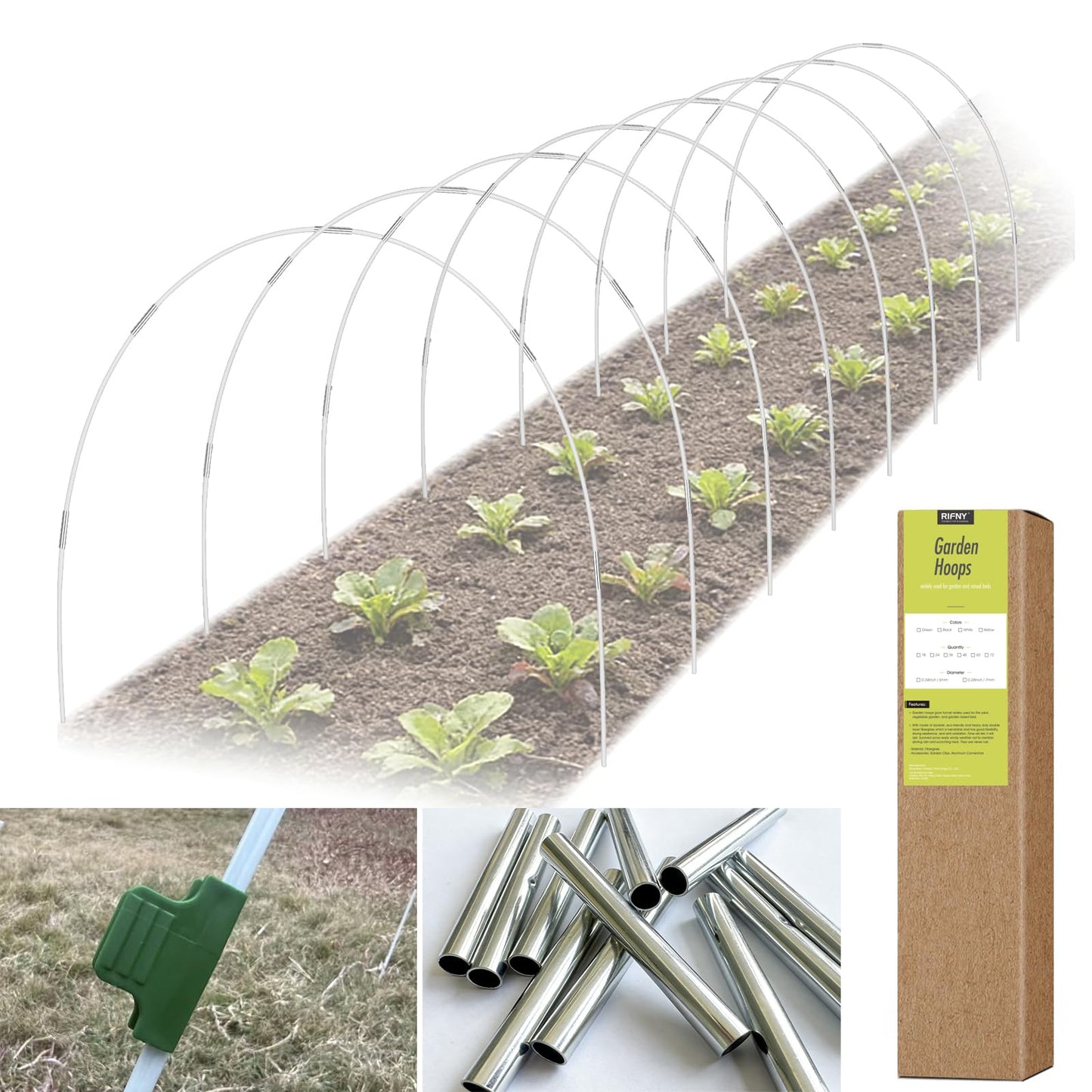 48 PCS Garden Hoops for Raised Beds, RIFNY Greenhouse Hoops Kit Long Grow Tunnel for Row Cover, Rust-Free Fiberglass Garden Support Poles for Insect Mesh Netting Freeze Plant Cover Frame