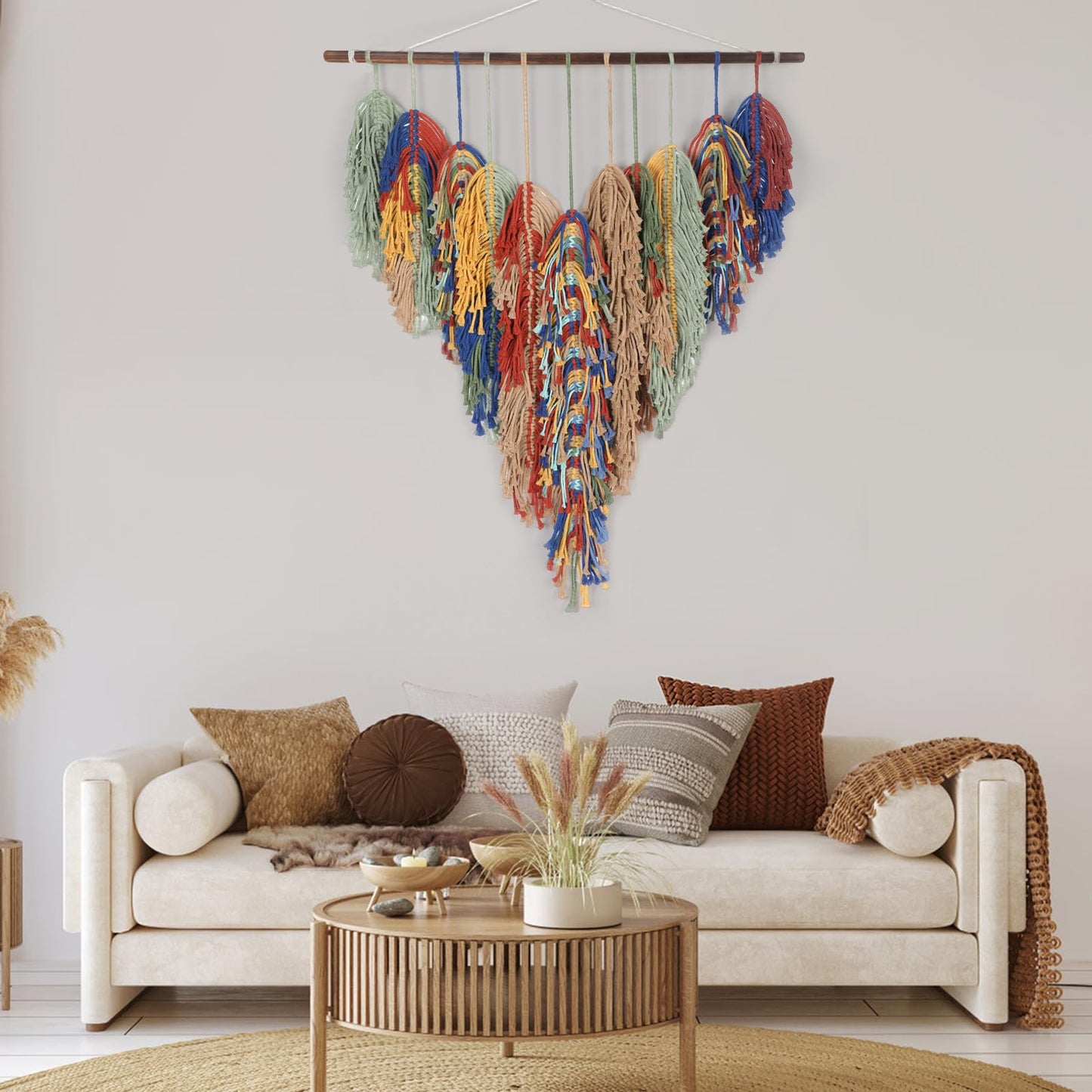 GYHPD Large Handmade Macrame Wall Hanging, Boho Wall Decor, Boho Woven Tassel Wall Art, Rustic Bohemian Home Decor for Living Room Bedroom, Aesthetic Housewarming Gift for Mom (Feather)