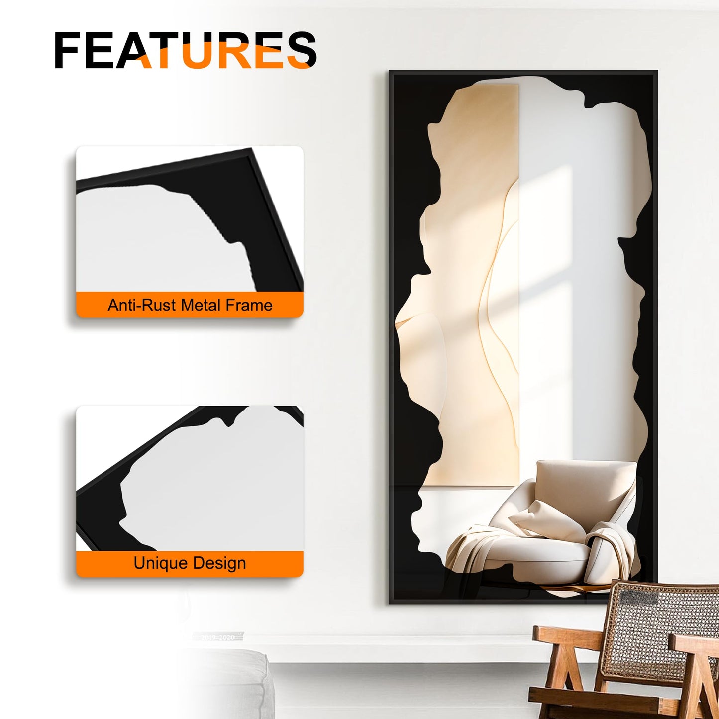 Full-Length Mirror Free Standing Leaning Mirror with Artistic Black Abstract Overlay Deco, 64"x32" Shatterproof Wall-Mounted Mirror, Perfect for Living Room, Bedroom, Cloakroom, and Bathroom Decor