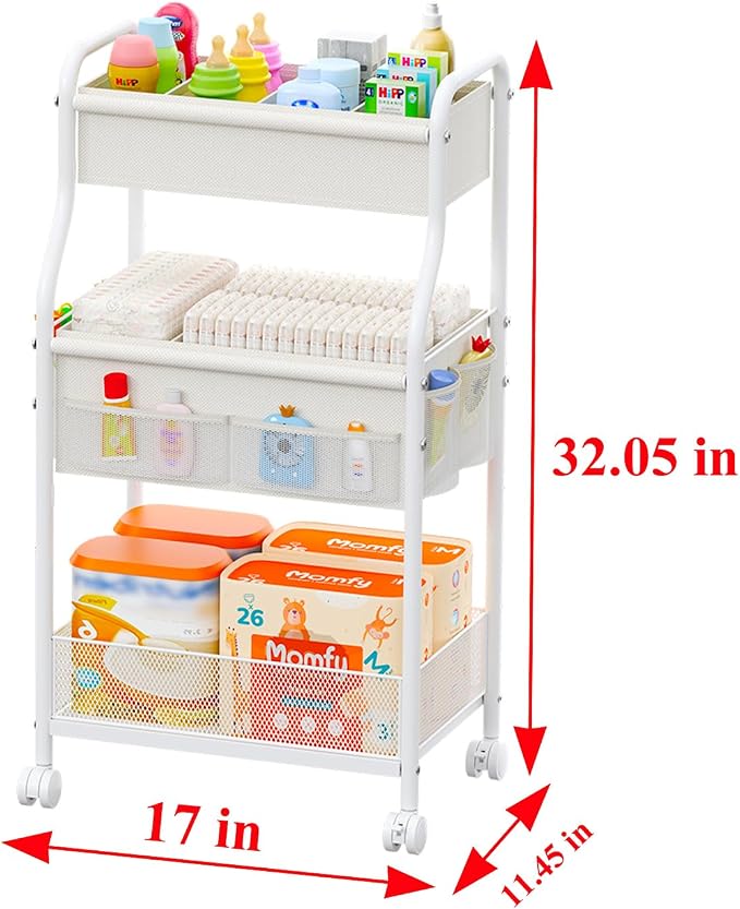 3-Tier Diaper Caddy Organizer & Rolling Cart,Metal Utility Cart with 4+2 Dividers & Lockable Silent Casters, Mobile Storage Cart for Nursery Essentials, Multi-Purpose for Kidsroom Changing Table
