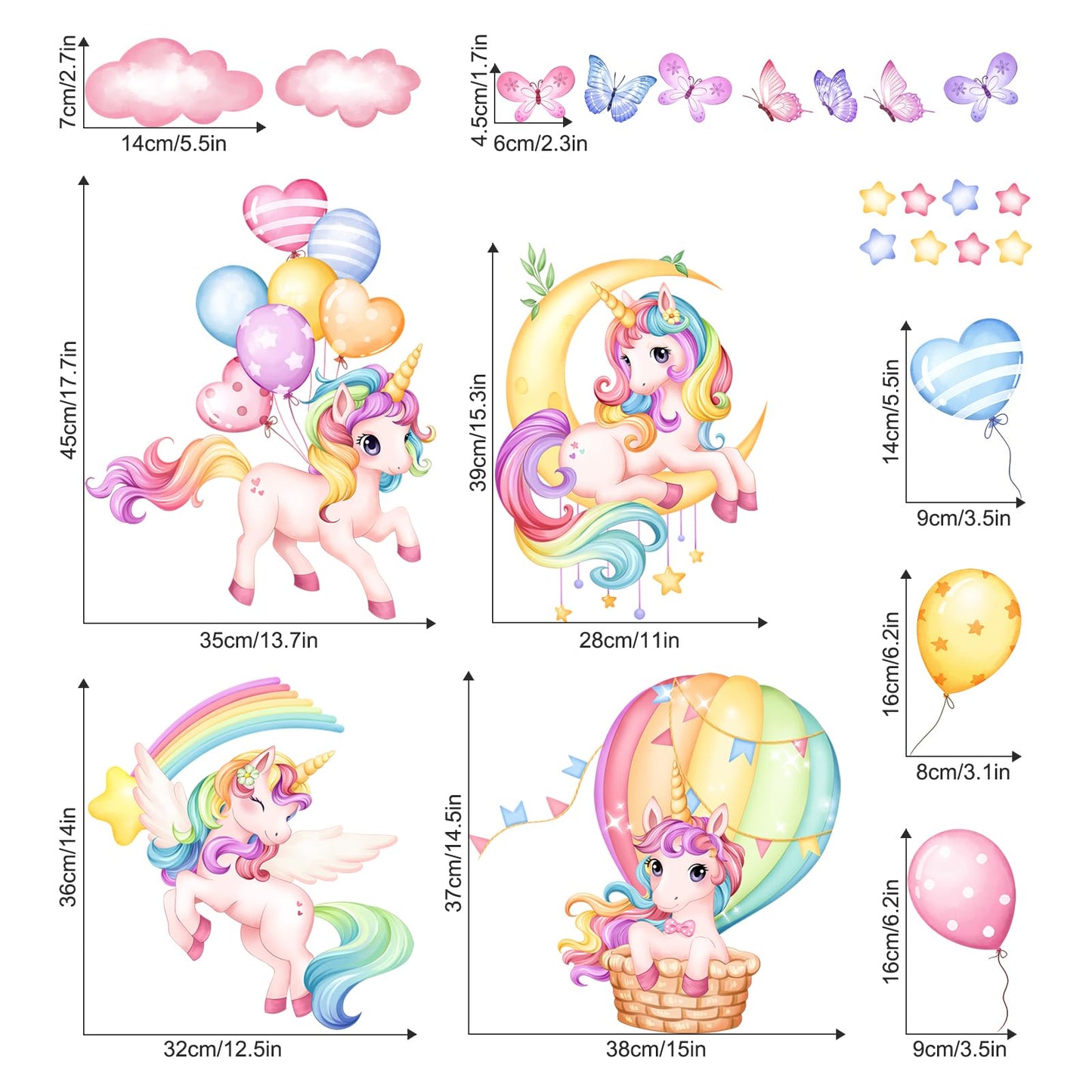 Unicorn Rainbow Wall Decals Hot Air Balloon Moon Clouds Stars Wall Stickers Baby Nursery Girls Bedroom Kids Room Wall Decor