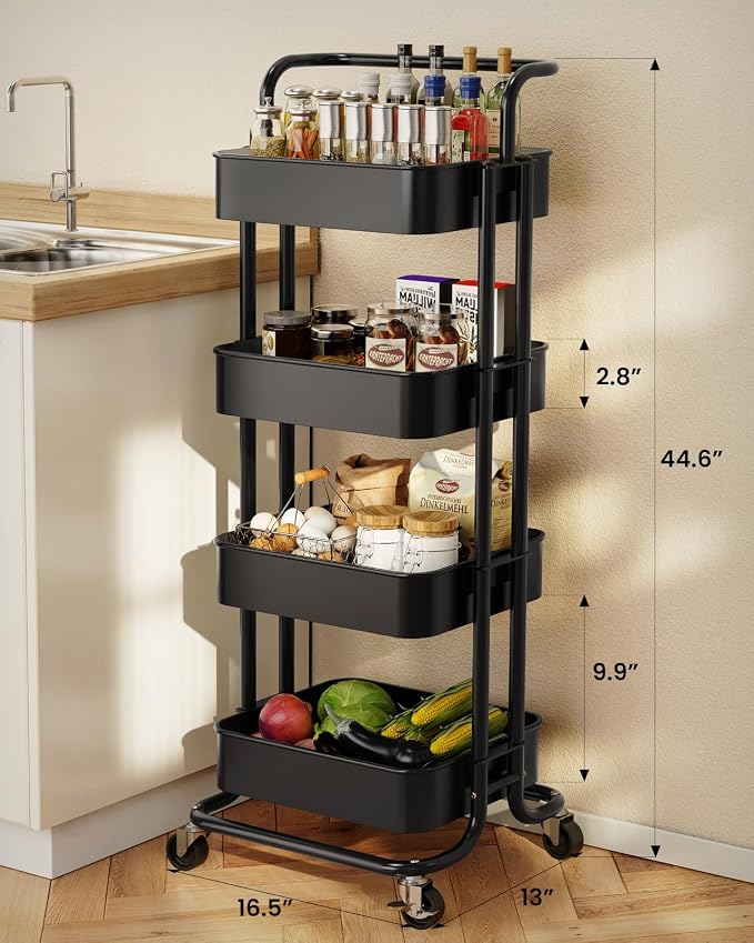 Pipishell 4 Tier Mesh Utility Cart, Rolling Metal Organization Cart with Handle and Lockable Wheels, Multifunctional Storage Shelves for Kitchen Living Room Office White, PIUC12B
