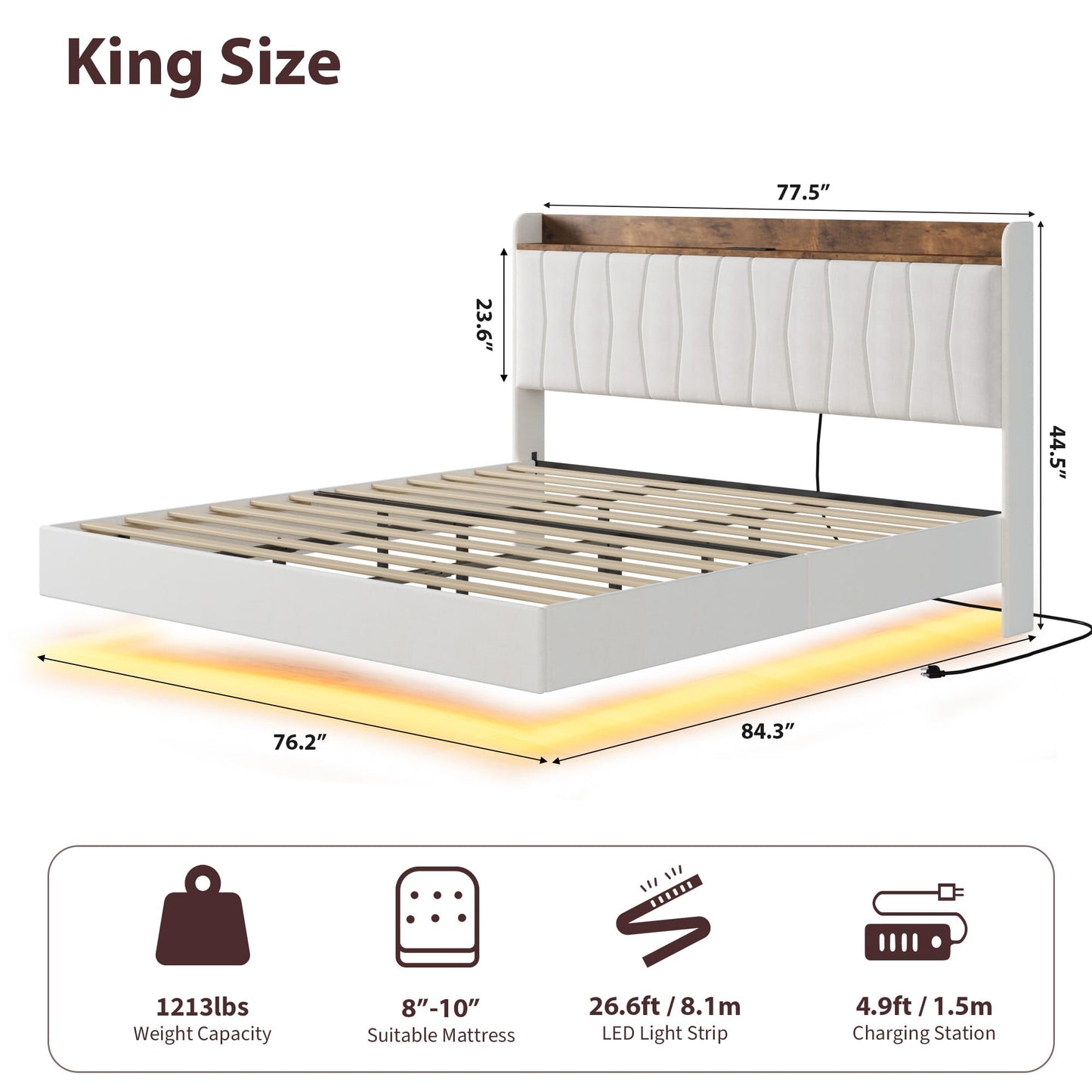 GarveeHome Floating Bed Frame King with LED Lights & USB Charging Station – Modern Upholstered Platform Bed with Headboard, Solid Wood Slats Support, No Box Spring, Easy Assembly, Noise-Free, White