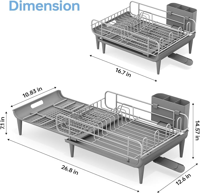 TOOLF Large Dish Drying Rack, Expandable Dish Rack for Kitchen Counter, Multifunctional Dish Drainer, Organization and Storage Essentials with Cup & Cutlery Holders, 16.7"-26.8" L x 12.6" W, Gray