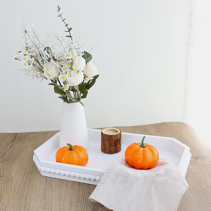 Hrastany White Wood Serving Tray with Beads, Farmhouse Decorative Tray for Table Centerpiece, Christmas Wedding Halloween Home Decor