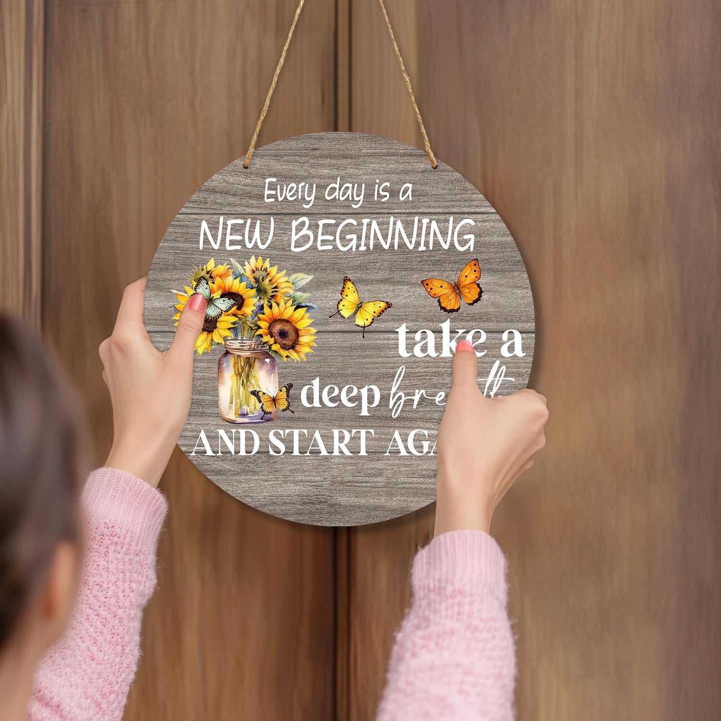Every Day Is A New Beginning Spring Decor, Butterfly Wood Hanging Sign for Home Wall Porch Indoor Outdoor, Farmhouse Wooden Wreath Wall Hanger Decorations -17