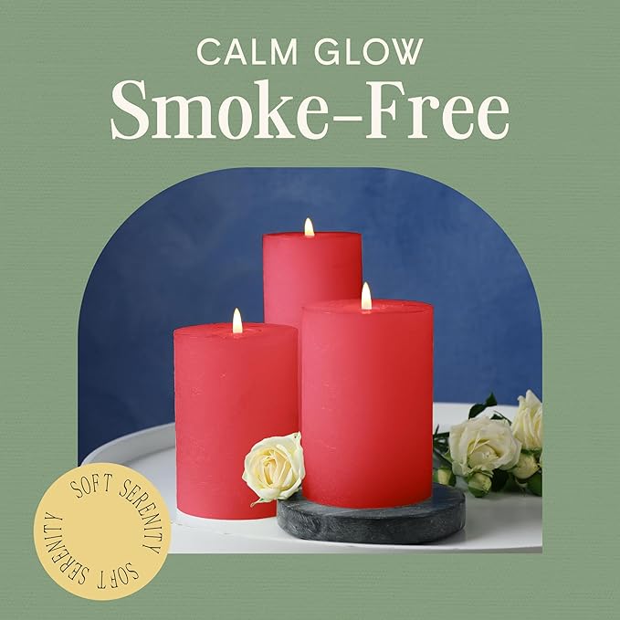 Mister Candle Dripless Unscented Pillar Candles, Set of 3 Hand Poured Red Pillar Candles, Solid Color Non-Scented Candles for Home Decor, Premium Wax, 80 Hr Burn Time, 3x6 Inch