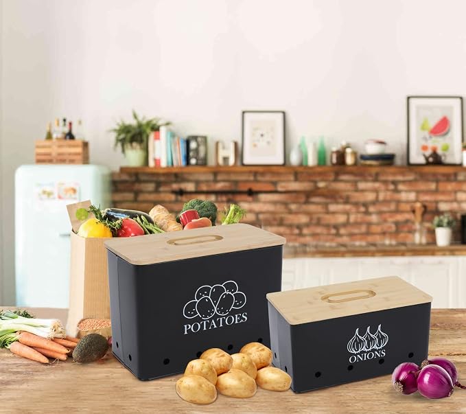Potato and Onion Storage Bin Set of 2, Vented Metal Vegetable Storage with Wooden Lids, Farmhouse Kitchen Canisters for Countertop Pantry Organizer, Potato Bin Onion Holder for Produce Storage, Black