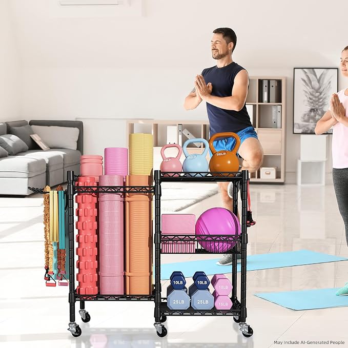 FUTASSI Home Gym Storage, 3 Tiers Workout Equipment Organizer with Wheels for Yoga Mats, Foam Roller, Dumbbells, Kettlebells, and Resistance Bands