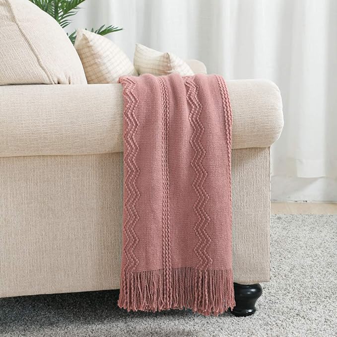 BOURINA Coral Pink Throw Blanket 50 x90 Inches Textured Solid Soft Sofa Throw Bed Runner Knitted Decorative Blanket