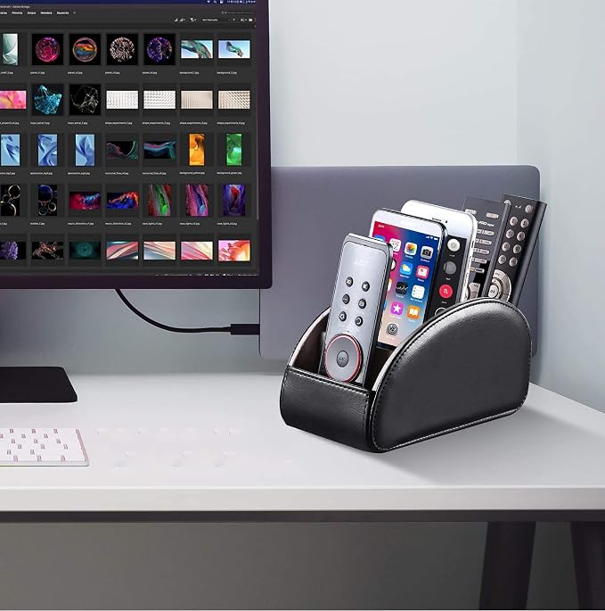 YAPISHI Large Leather TV Remote Control Holder Organizer Black with 5 Compartments Nightstand Desktop Media DVD Player Remote Tray Caddy Storage Box for Mobile Phone Pen Office Stationery Controllers