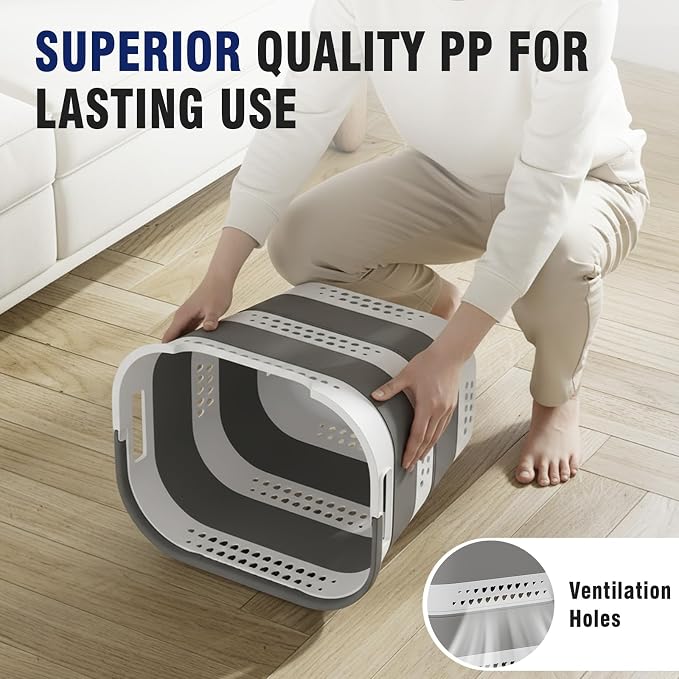 Collapsible Plastic Laundry Basket Hamper with Handles, Large 42L Portable Rubber Clothes Basket, Pop Up Storage Container/Organizer for Washing & Storage, Grey