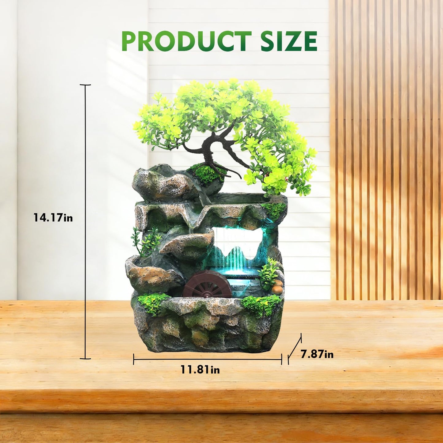 Tabletop Waterfall Fountain with Flowing Water & LED Lights – Indoor Resin Rockery Desk Fountain for Home, Office, Bedroom Relaxation & Decoration, Mini Desktop Water Featur