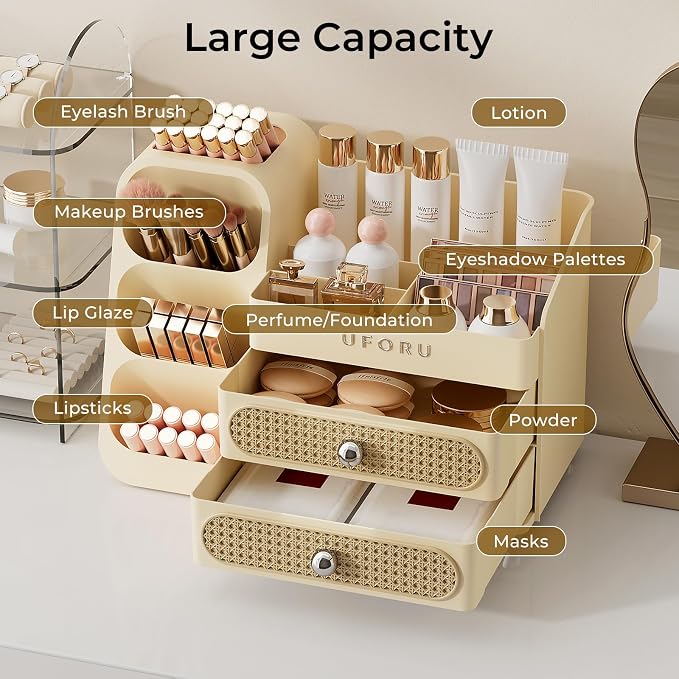 UFORU Makeup Organizer for Vanity with Brush Holder, Large Capacity Bathroom Countertop Skincare Organizer with 2 Drawers, Cosmetic Display Case for Perfumes, Eyeshadow Palettes, Nail Polishes
